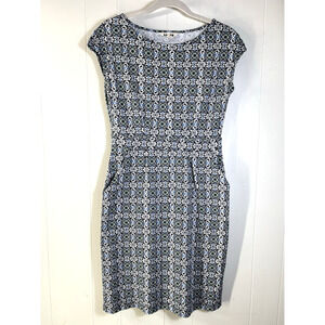 Boden Florrie Jersey Dress Blue Green Floral Cotton Knit Pockets Sheath 6R